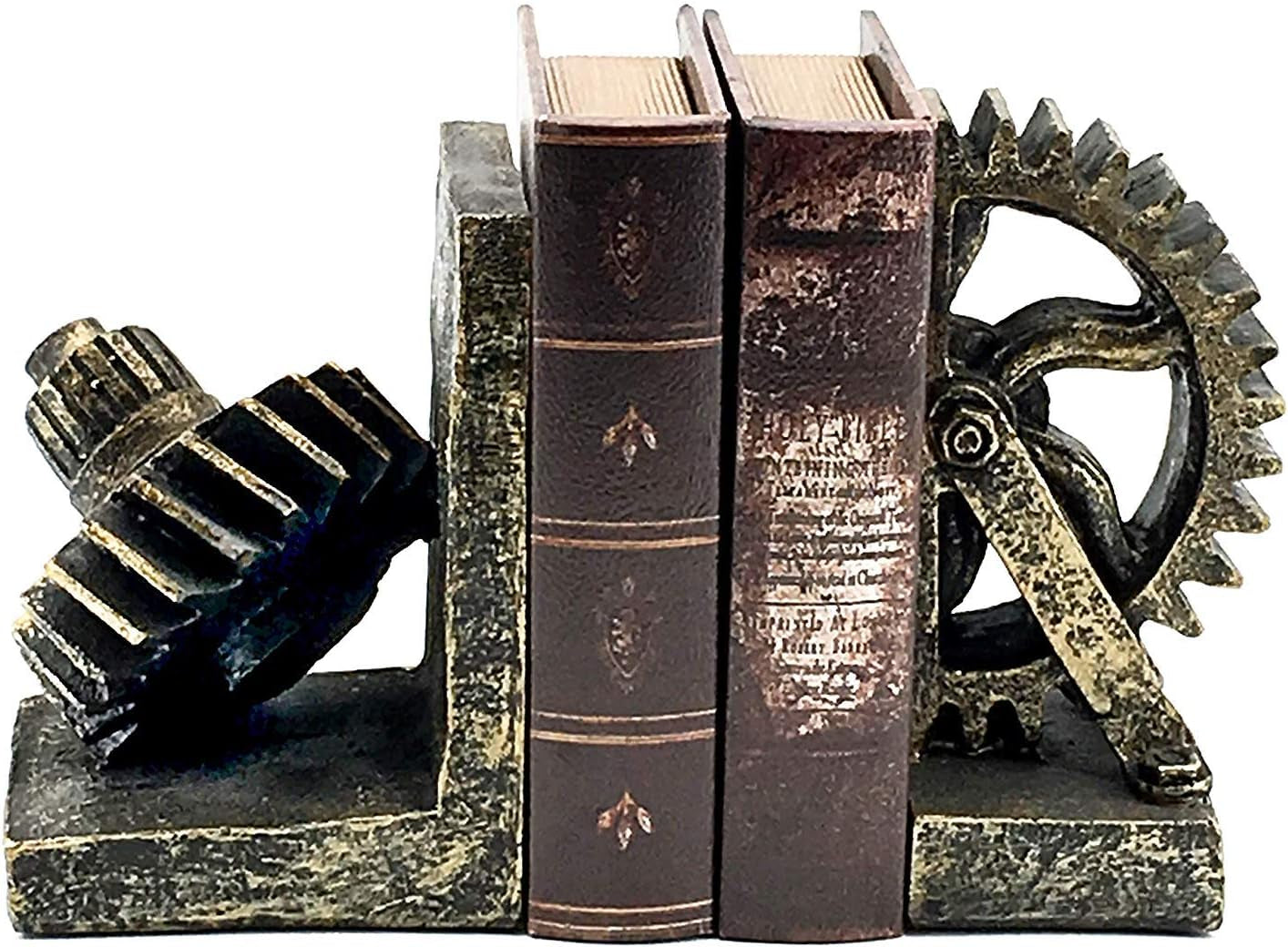 Decorative Bookend Gear Book Ends Industrial Rustic Vintage Unique Heavy Statues Bookshelves Support Home Decor Accents (Large)