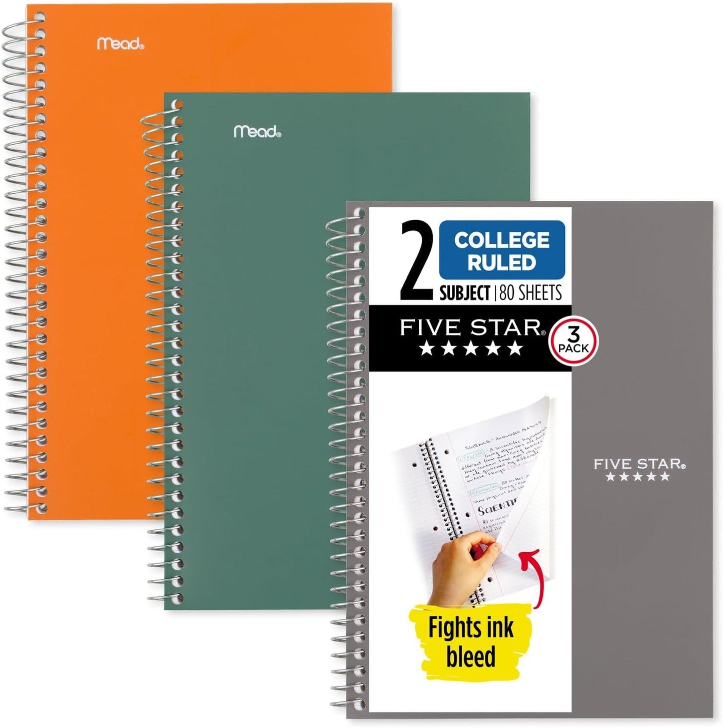 Spiral Notebooks, 3 Pack, 2 Subject, College Ruled, 9 1/2" X 6", 80 Sheets, Seaglass Green, Sedona Orange, Gray (840029B-ECM)