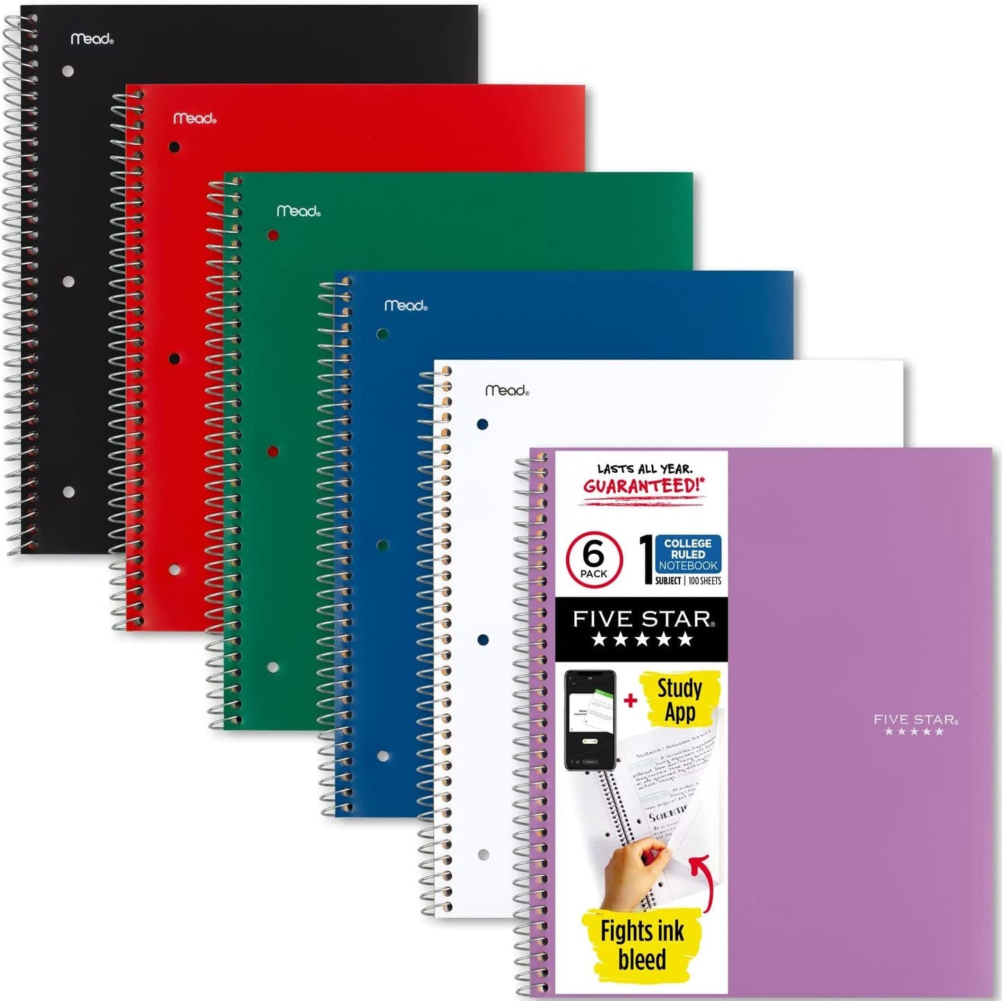 Spiral Notebook + Study App, 6 Pack, 1 Subject, College Ruled Paper, 8-1/2" X 11", 100 Sheets, Fights Ink Bleed, Water Resistant Cover, Black, Red, Blue, Green, White, Purple (38052)