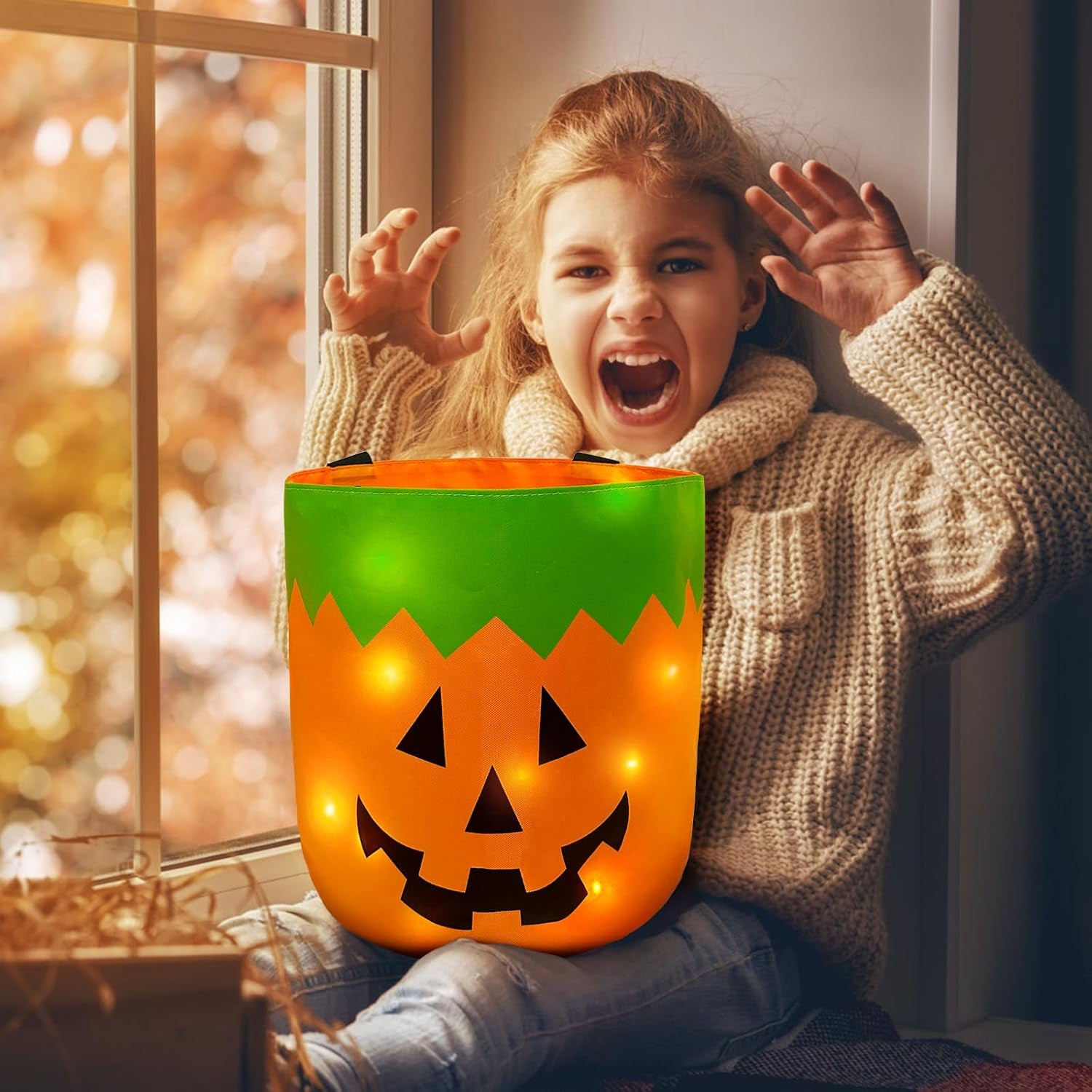 2 Pieces Halloween Candy Bucket with LED Light Trick or Treat Buckets Halloween Reusable Pumpkin Green Monster Candy Gift Baskets Party Supplies Favors (Orange & Green)