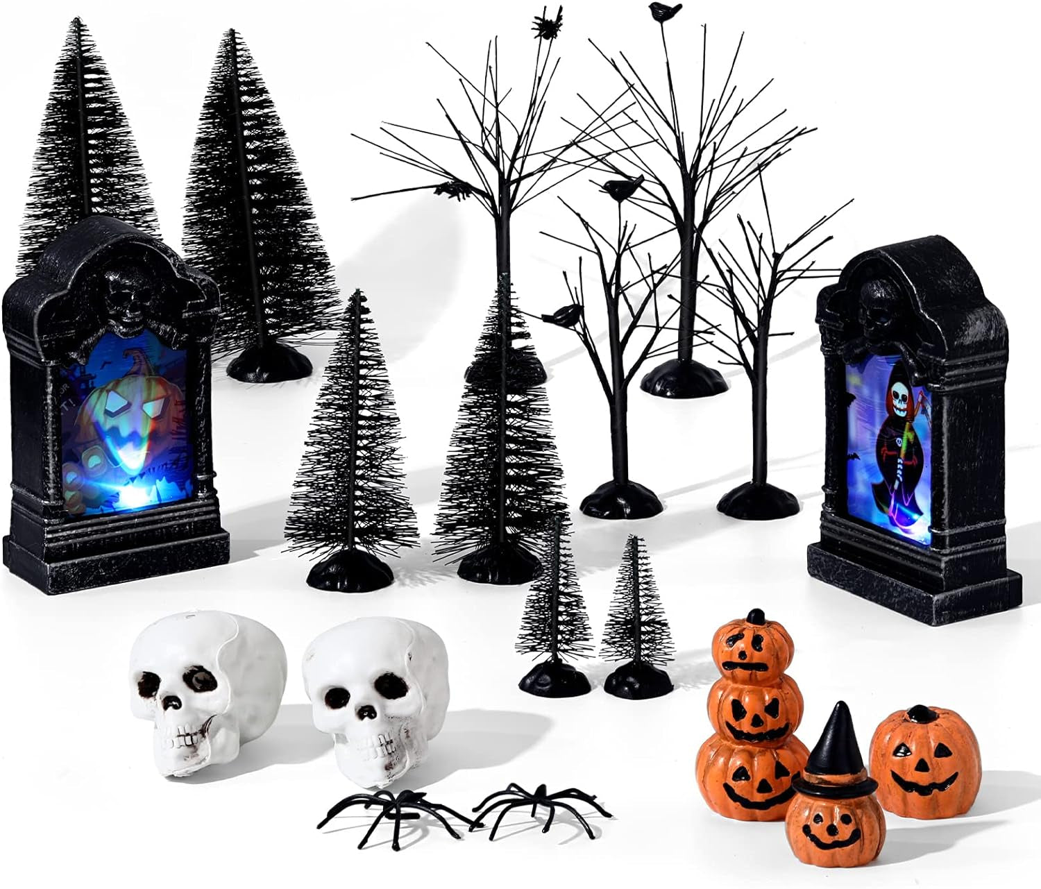 19 Pcs Halloween Village Accessories Set Miniature Halloween Figurines Houses Ornaments Bare Branches LED Tombstones Skeleton Pumpkin Statues Fake Spiders Halloween Party Decor