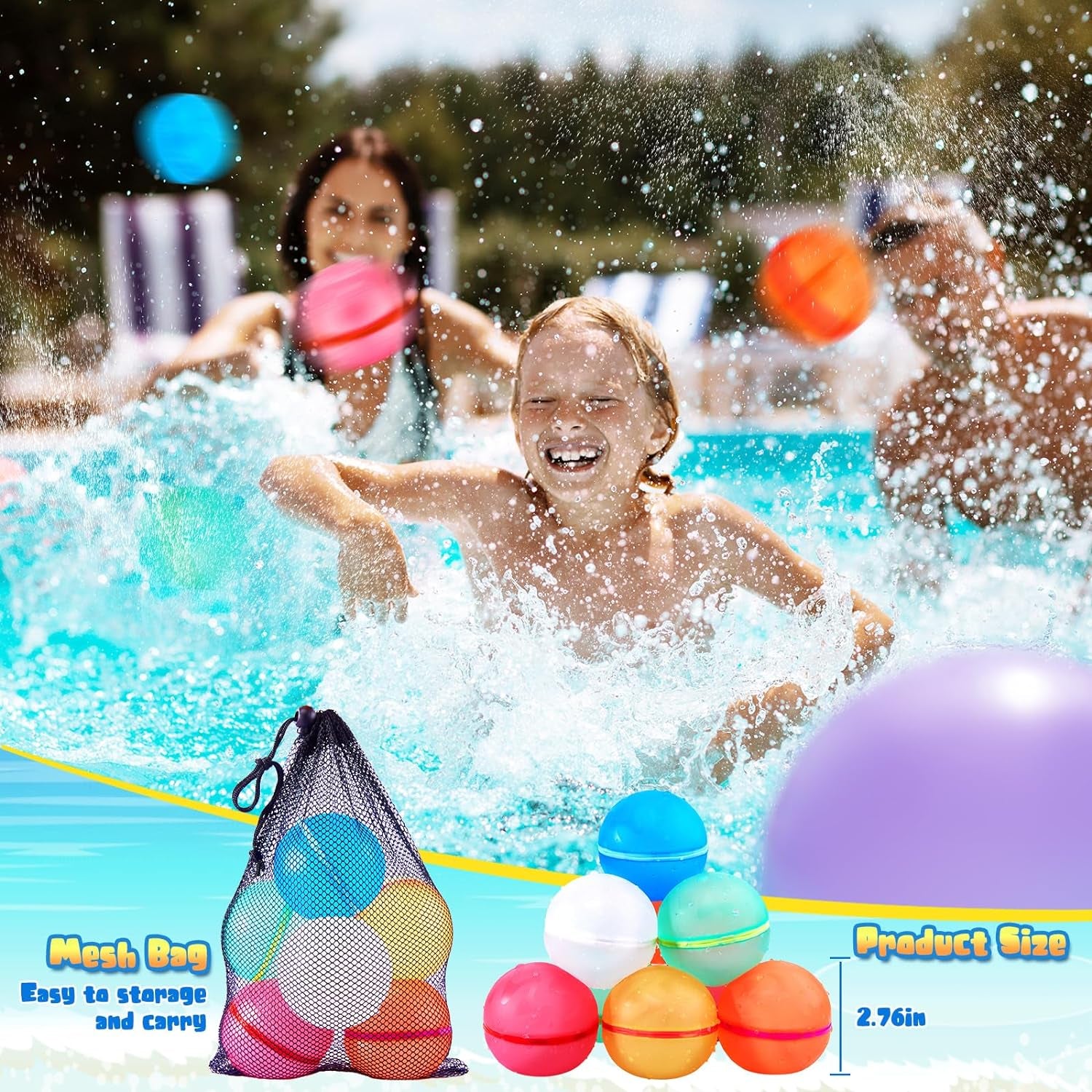 Reusable Water Balloons Quick Fill - 6Pcs Strong Magnetic Silicone Balls Refillable Water Bombs with Mesh Bag, Summer Toys for Swimming Pool Games Beach Backyard for Kids Age 3+ Boys & Girls