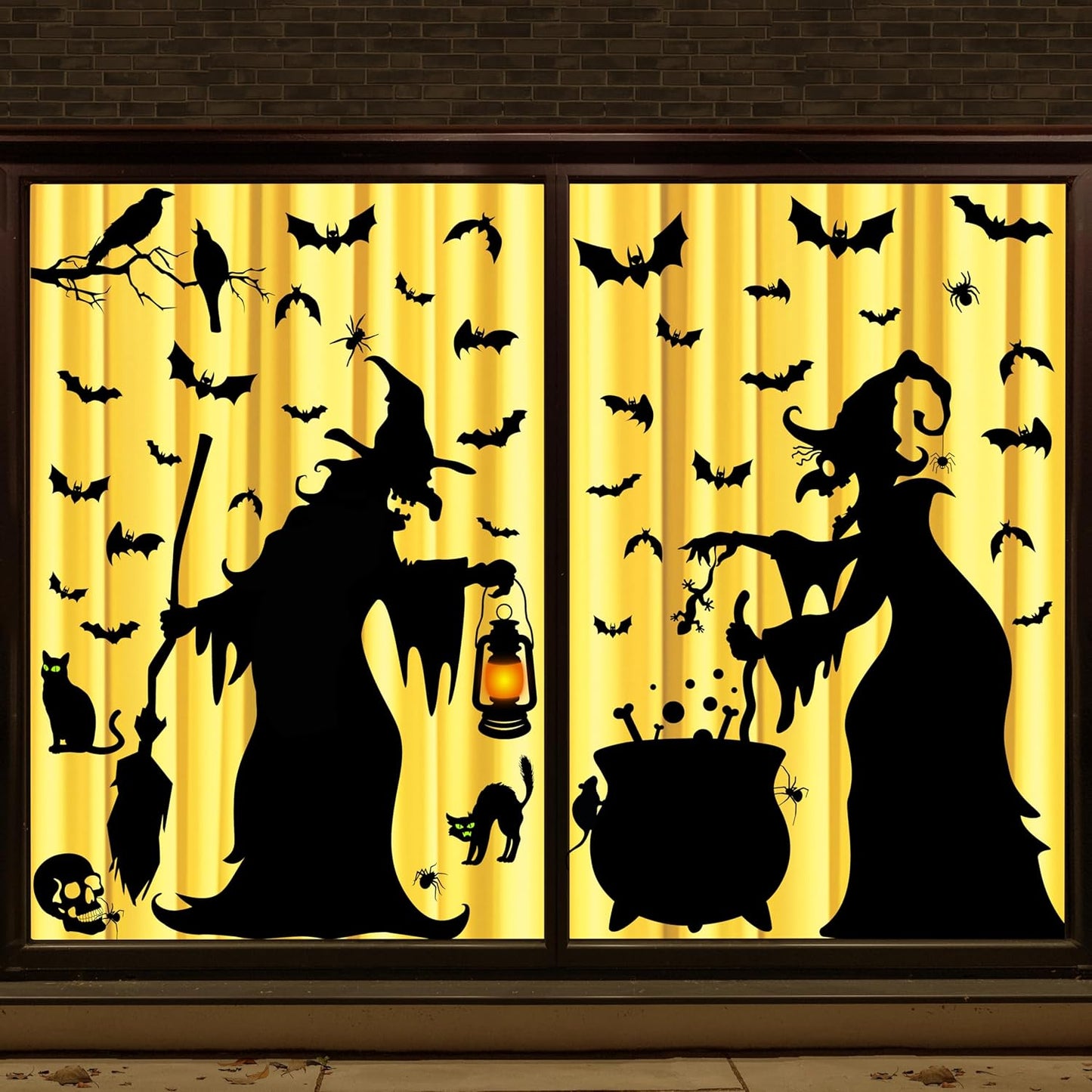 Halloween Decorations Window Clings - Large Witches with Cauldron Bats Spider Black Cat Silhouette Halloween Window Stickers Decals for Home Indoor Office Party Decor Supplies