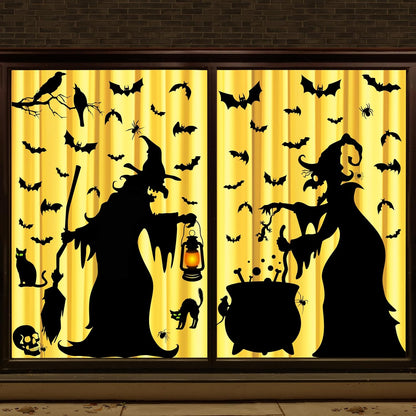 Halloween Decorations Window Clings - Large Witches with Cauldron Bats Spider Black Cat Silhouette Halloween Window Stickers Decals for Home Indoor Office Party Decor Supplies