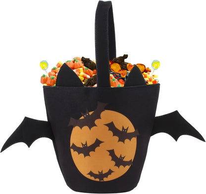 Halloween Candy Trick or Treat Goodie Bags Kids Bat Bucket Basket with Handle Large Reusable Multipurpose Canvas Tote Bag Halloween Gifts Party Favors Supplies for Kids,Black