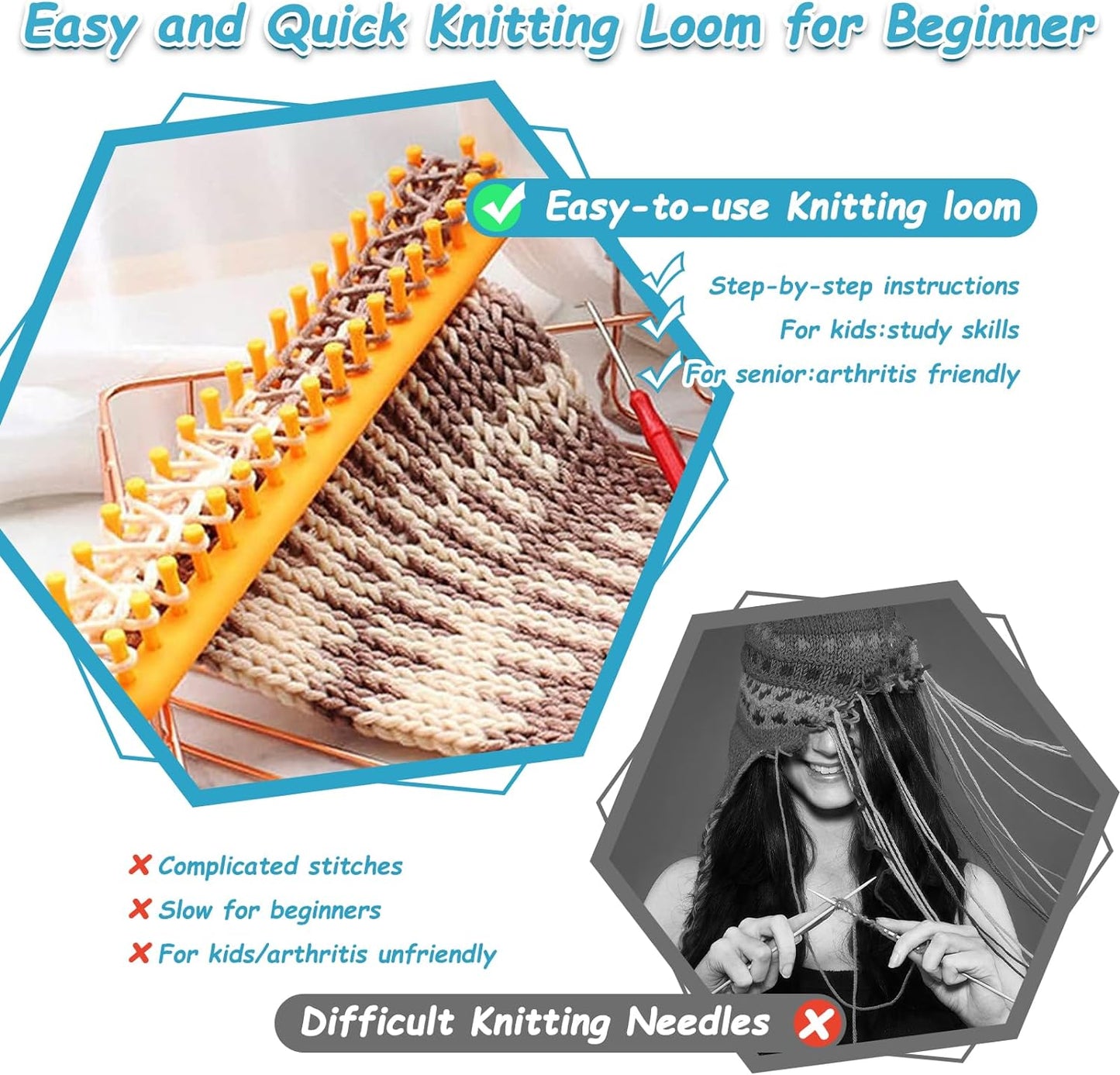 47Cm Knitting Loom, Rectangular Knitting Loom Plastic Weaving Loom Set for Knitting Beginners, Hat Knitting Loom Set Wtih Knitting Needle and a Plastic Loom Knitting Hook (Green)