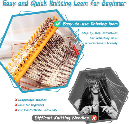 47Cm Knitting Loom, Rectangular Knitting Loom Plastic Weaving Loom Set for Knitting Beginners, Hat Knitting Loom Set Wtih Knitting Needle and a Plastic Loom Knitting Hook (Green)
