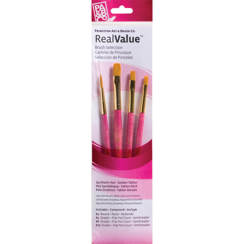 RealValue Brush Set, Gold Taklon Bristles, Short Handle Mixed Media Paintbrush, Pink, 4 Pieces
