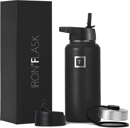 Sports Water Bottle - Wide Mouth with 3 Straw Lids - Stainless Steel Gym & Outdoor Bottles for Men, Women & Kids - Double Walled, Insulated Thermos, Metal Canteen - Midnight Black, 32 Oz