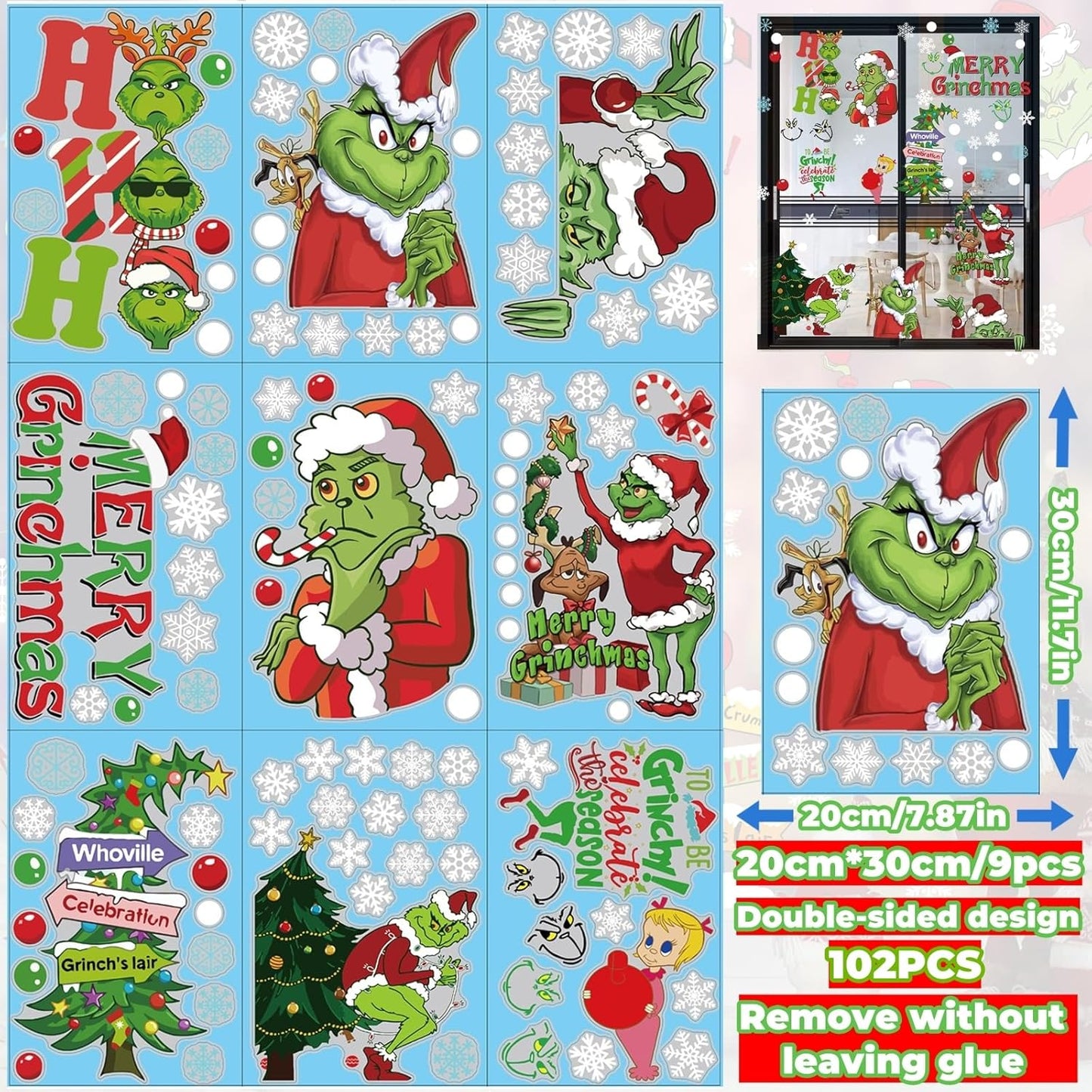 102 Pcs Christmas Window Clings - Decorations for Glass Windows,Christmas Elf Faces Window Stickers with Snowflake,Double Sided Static Window Clings for Home Christmas Party Supplies (9 Sheets)