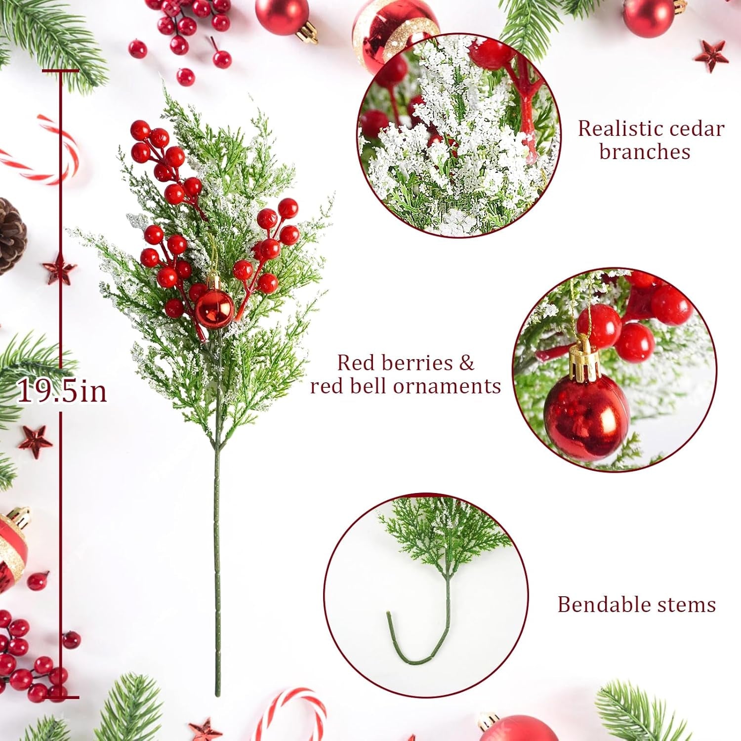 12Pcs Snowy Artificial Cedar Picks, 19.5" Frosted Faux Cedar Spray Branches with Berries & Ring Bell Plastic Christmas Cypress Greenery Pine Stems for DIY Garland Christmas Tree Holiday Decor