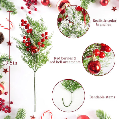 12Pcs Snowy Artificial Cedar Picks, 19.5" Frosted Faux Cedar Spray Branches with Berries & Ring Bell Plastic Christmas Cypress Greenery Pine Stems for DIY Garland Christmas Tree Holiday Decor