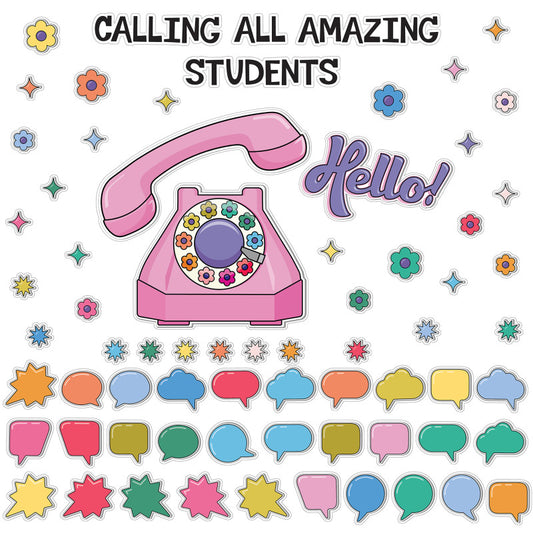 Happily Ever Elementary Retro Remix Hello! Calling All Amazing Students Bulletin Board Set, 71 Pieces