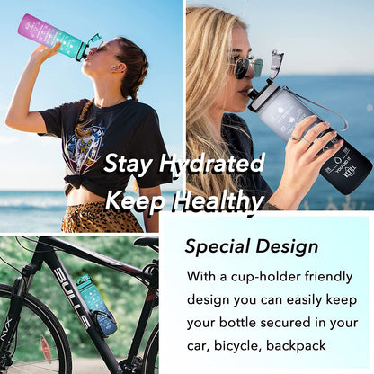 32 Oz Water Bottle, Leakproof BPA & Toxic Free, Motivational Water Bottle with Times to Drink and Straw, Fitness Sports Water Bottle with Strap for Office, Gym, Outdoor Sports, Gray-Black