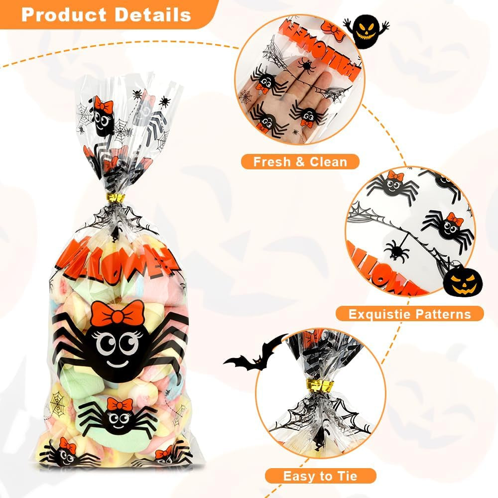 Halloween Treat Bags, Halloween Cellophane Treat Bags, 60 PCS Halloween Candy Bags, Halloween Goodie Bags with Twist Ties, 4 Styles Small Halloween Gifts Bags for Trick or Treat Party Favors Supplies