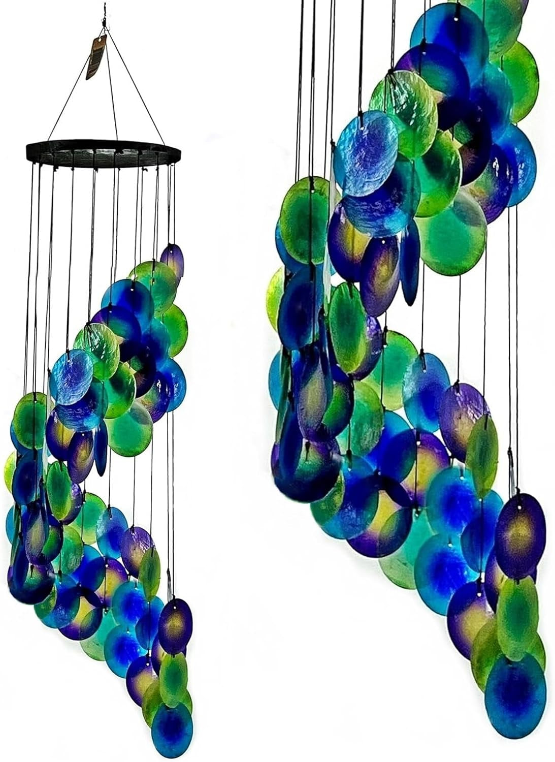 Wind Chimes Capiz Sea Glass Shells Large 27 Inch outside Windchimes Peacock Home Decor Outdoor Garden Patio Yard Lawn Unique Gifts for Mom Grandma Woman Sympathy Memorial Remembrance