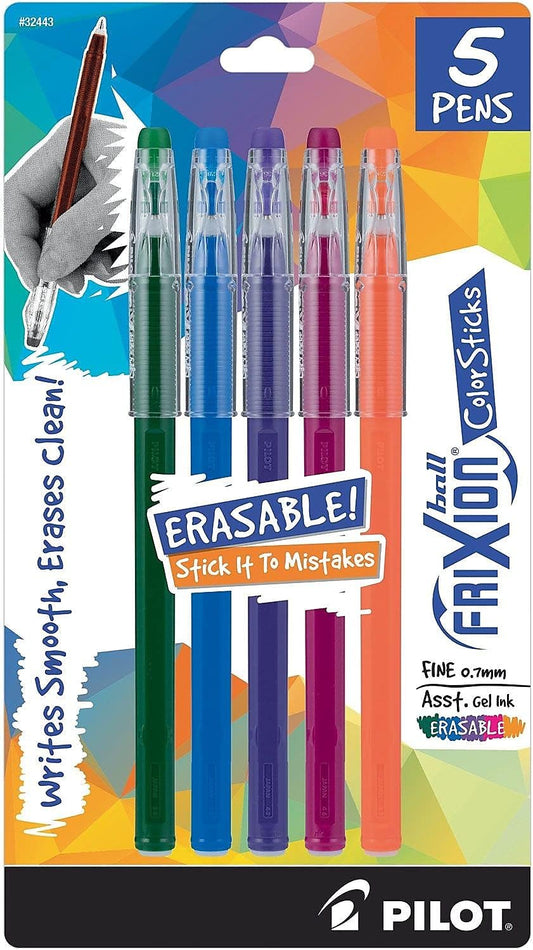 , Frixion Colorsticks Erasable Gel Ink Pens, Fine Point 0.7 Mm, Pack of 5, Kelly Green, Blue, Purple, Magenta & Salmon Pink