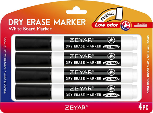 Low Odor Dry Erase Marker, Bullet Tip White Board Marker, 4 Count (4 Black)