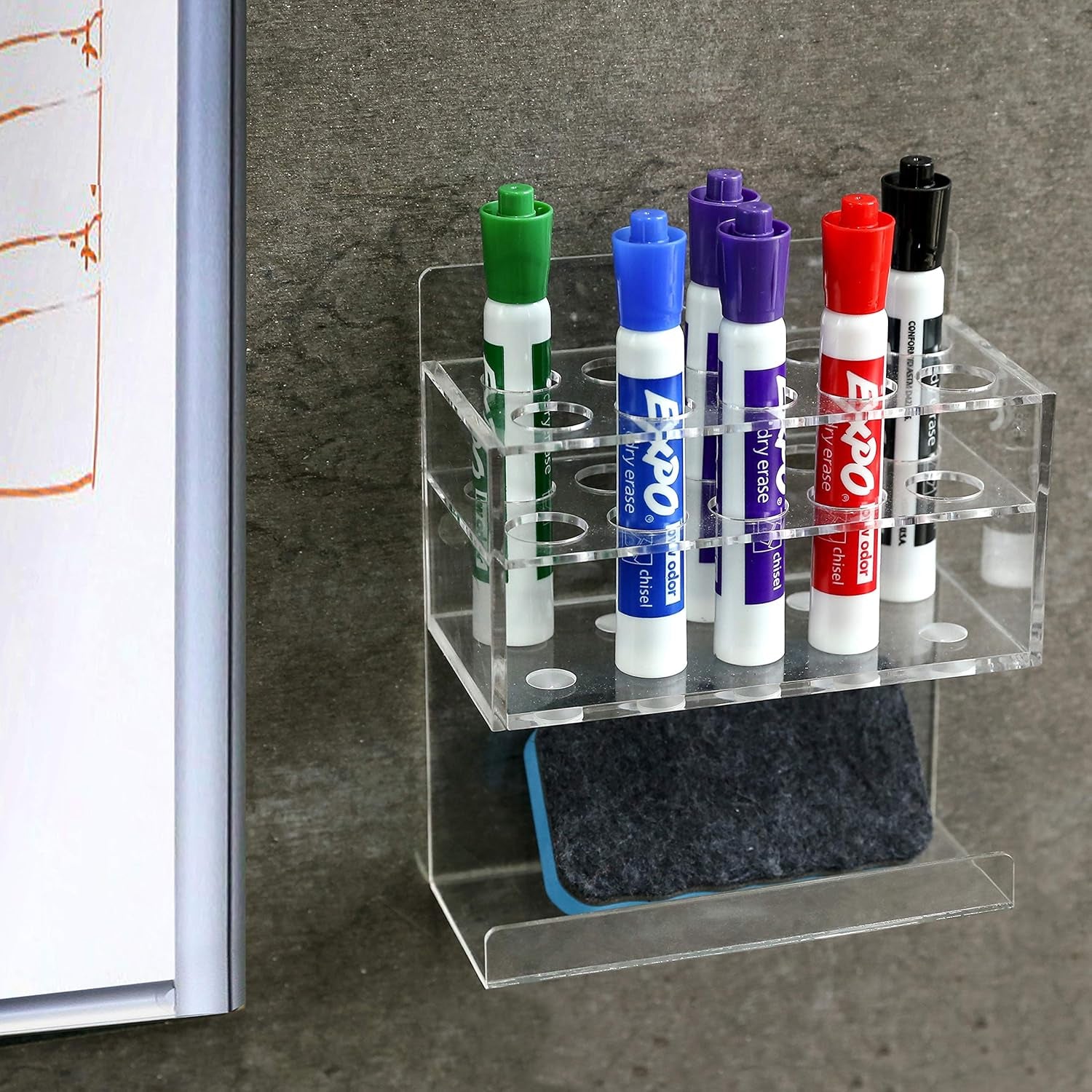 Wall Mounted Dry Erase Whiteboard Marker Holder Stand with 10 Marker Slots and Eraser Holder, Clear