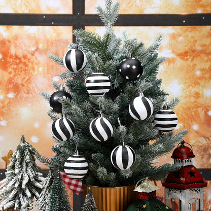 24 Pcs Christmas Black and White Ball 2.36 Inch Stripe Dot Hanging Xmas Ball Plastic Black Christmas Ornaments Christmas Decorations for Home and Holiday Party Christmas Trees Accessories