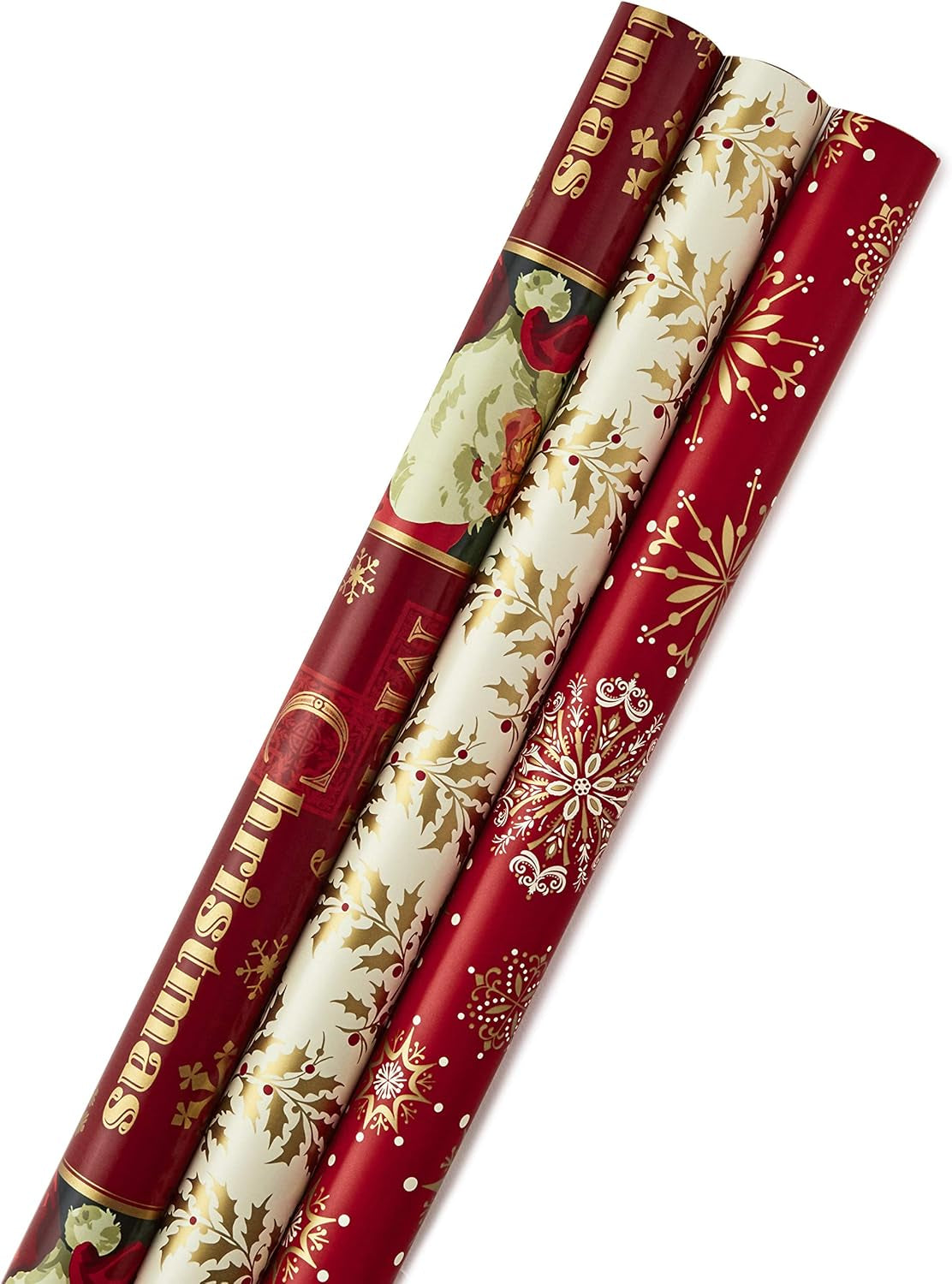 Reversible Christmas Wrapping Paper Set with Ribbon and Gift Tag Stickers (Traditional Red and Gold, 3 Rolls of Wrapping Paper and Ribbon)