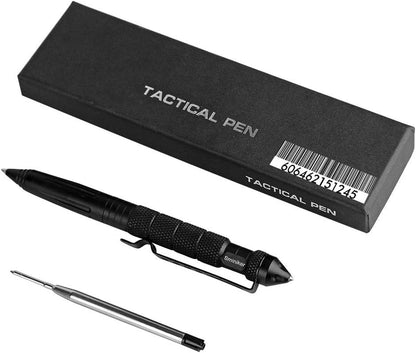 Tactical Pen with 6 Ink Refills Aircraft Aluminum Pen with Glass Breaker Writing Multifunctional Tool (Black)