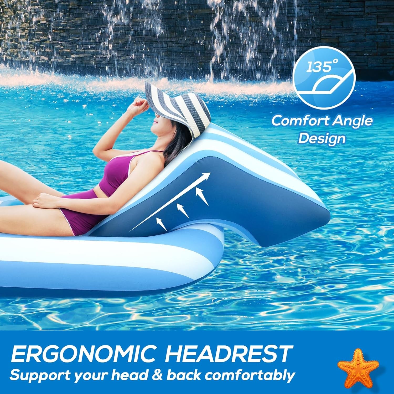 Pool Floats Adult Size, Inflatable Rafts Pool Lounger with Headrest & Cup Holder, Large Pool Floaties for Adult Heavy Duty Swimming Pool, Beach & Lake Sunbathing