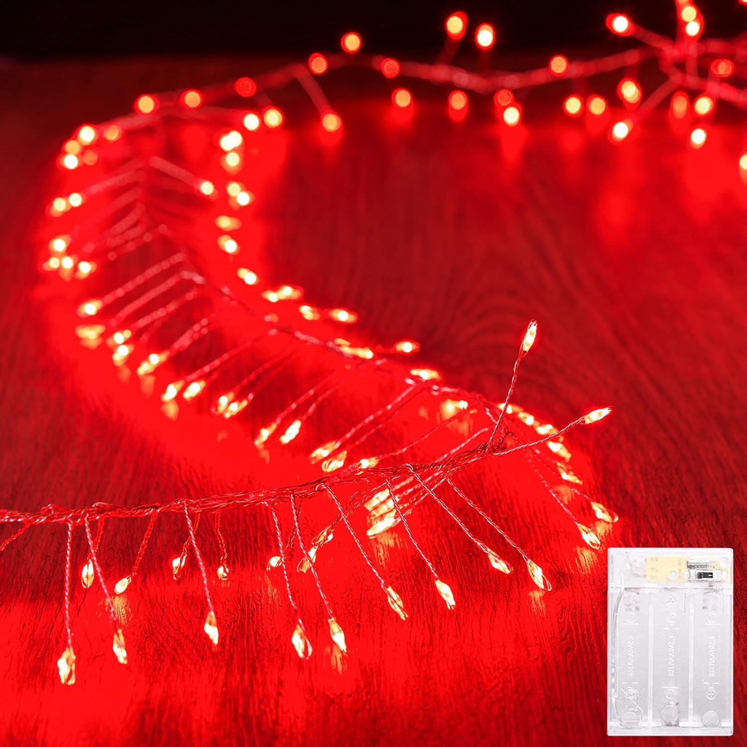 10Feet Battery Operated Fairy Lights, 120Leds Firecracker String Lights Waterproof Silver Wire Starry Firefly Lights for DIY Wreath Home Weeding Indoor Outdoor Christmas Decorations, Red