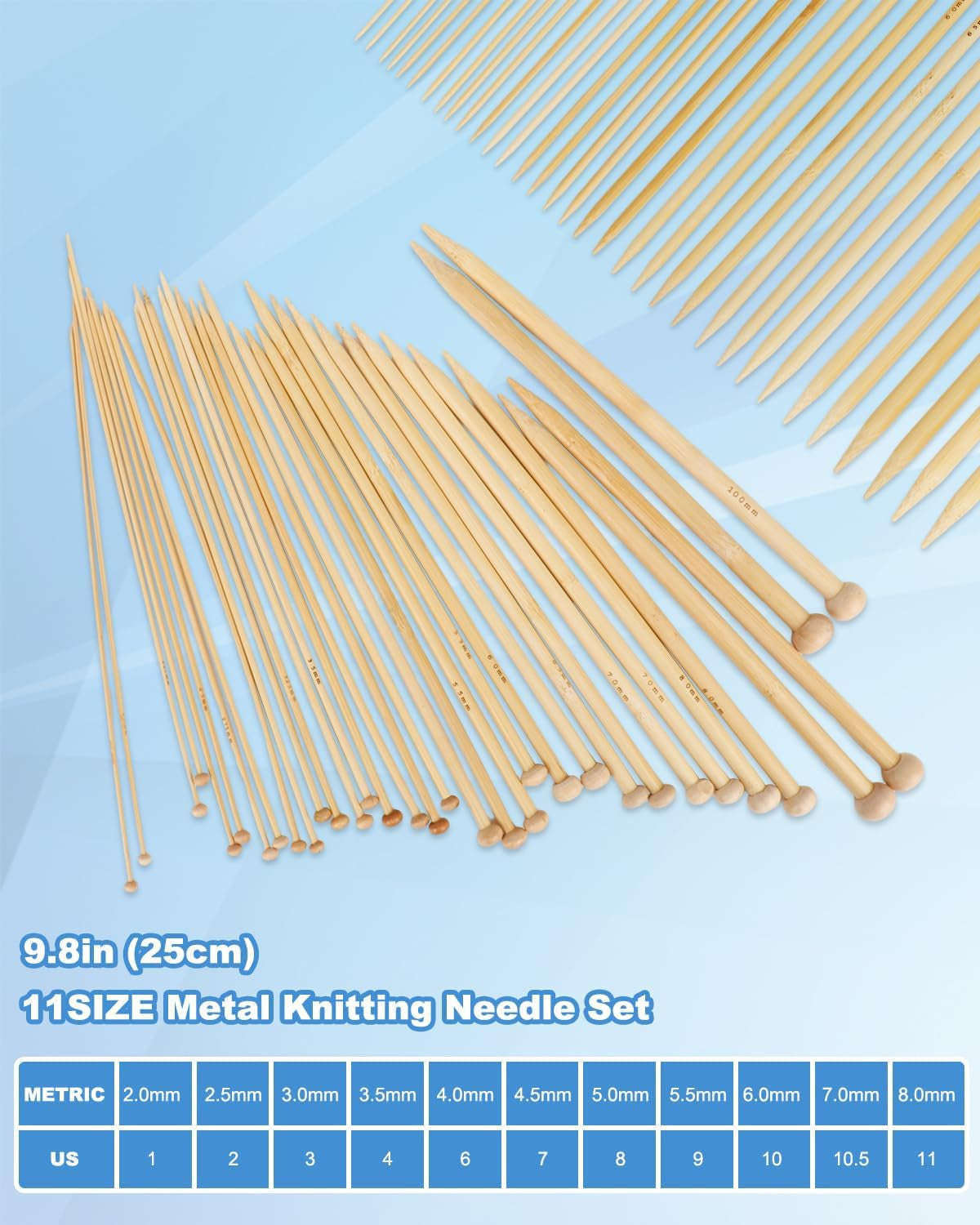 Knitting Needles Set 86PCS Knitting Kit for Beginners, Crochet Knitting Start Set Includes 9.8" Bamboo Knitting Needle Set (2-10Mm), Metal Crochet Hooks Set (0.6-10Mm) & Crochet Accessories