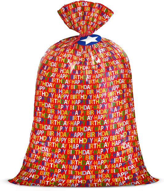 56" Large Birthday Plastic Gift Bag - Red Happy Birthday Design for Baby Shower, Kids Birthdays, Parties, Celebrating, or Any Occasion - 56" H X 36" W