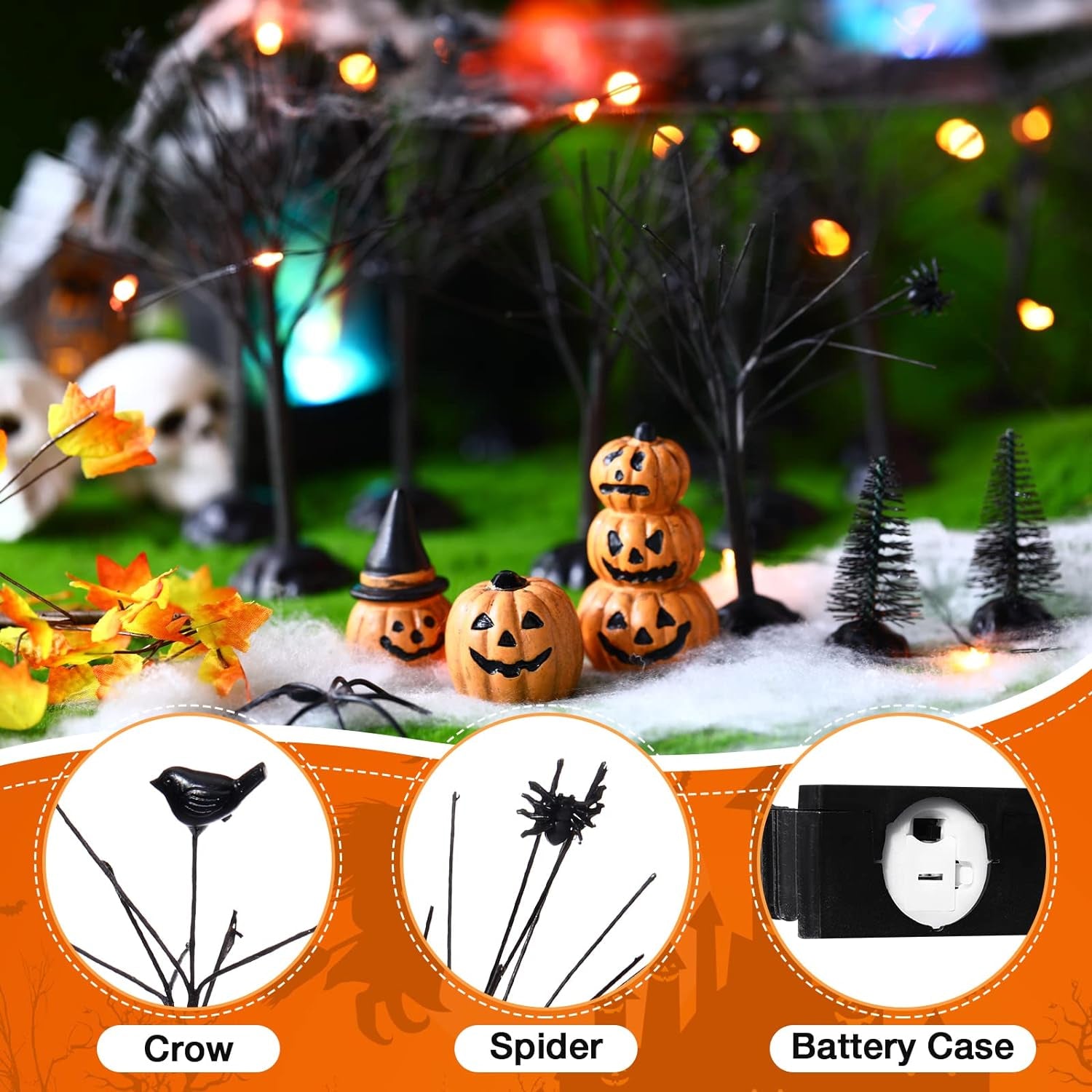 19 Pcs Halloween Village Accessories Set Miniature Halloween Figurines Houses Ornaments Bare Branches LED Tombstones Skeleton Pumpkin Statues Fake Spiders Halloween Party Decor