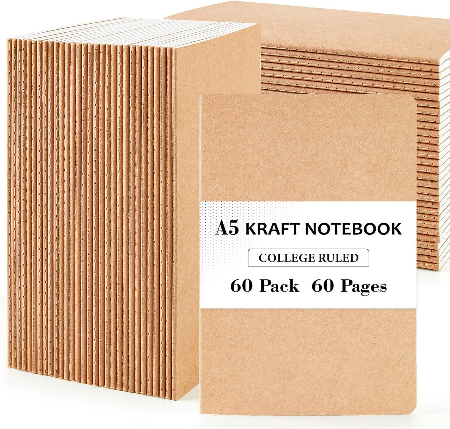 60 Pack Kraft Notebooks Bulk, Lined Travel Journals Note Pad Notebooks for Men Women Girls Students, Making Plans Writing Memos Office School Supplies, A5, 60 Pages, 8.3” X 5.5”
