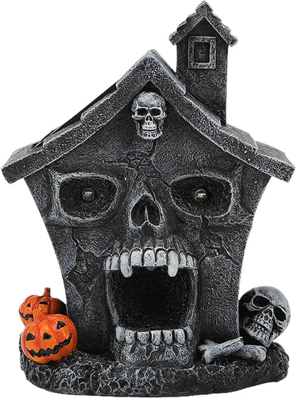 Halloween Skull Head Haunted House Village Figurine Decoration Resin Mansion Lighted Table Decor for Home Kitchen Fireplace Office Desk Indoor Yard Lawn Outdoor Ornaments Party Props