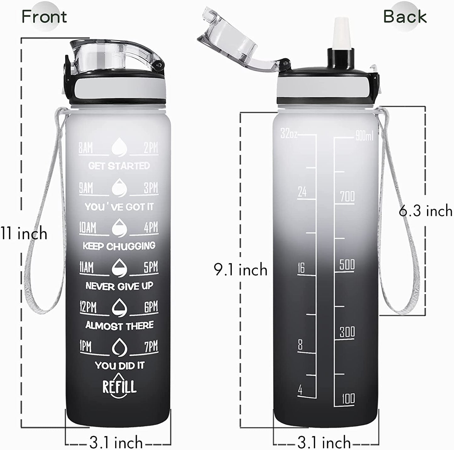 32 Oz Water Bottle, Leakproof BPA & Toxic Free, Motivational Water Bottle with Times to Drink and Straw, Fitness Sports Water Bottle with Strap for Office, Gym, Outdoor Sports, Gray-Black