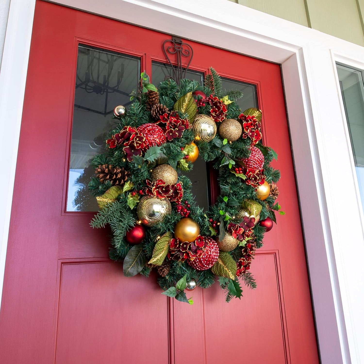 [30 Inch Artificial Christmas Wreath] - Scarlet Hydrangea Collection - Red and Gold Decoration - Pre Lit with 50 Warm Clear Colored LED Mini Lights - Includes Remote Controlled Battery Powered Timer