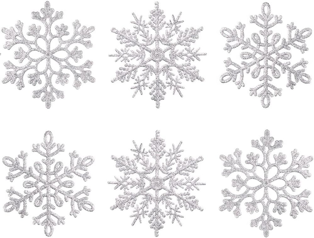 80Mm/3Inch Glitter Snowflake Ornaments Set Mini Christmas Tree Hanging Plastic Decoration for Xmas Party Wedding Anniversary Window Door Home Accessories (30Pcs,Silver)