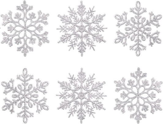 80Mm/3Inch Glitter Snowflake Ornaments Set Mini Christmas Tree Hanging Plastic Decoration for Xmas Party Wedding Anniversary Window Door Home Accessories (30Pcs,Silver)