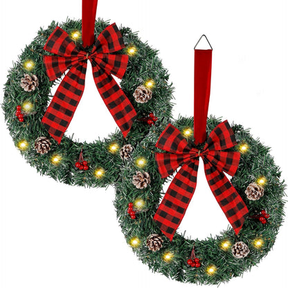 2 Pack Pre-Lit Christmas Wreath, 14 Inch Buffalo Check Bowknot Wreath with String Lights Pinecones Red Berries, Artificial Front Door Wreath for Xmas Hanging Decor, with Timer