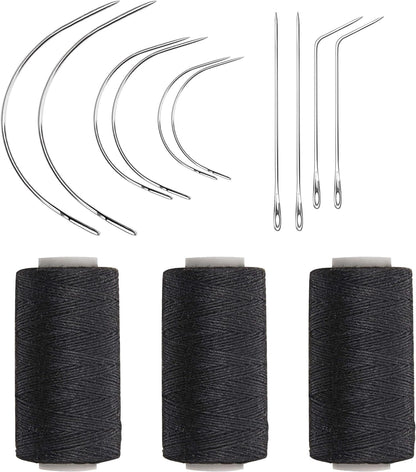 Weaving Needle Combo Deal Black Thread with 10Pcs Needle for Making Wig Sewing Hair Weft Hair Weave Extension, Big Medium and Small C J Shape Curved Needle I Needle (3 Thread Black + 10 Needle)