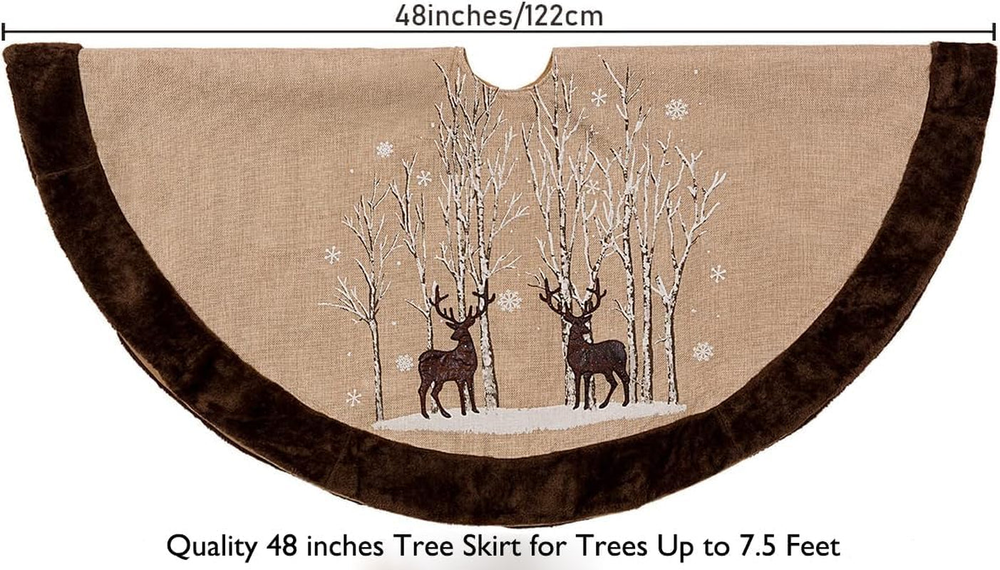 Rustic Deer Tree Skirt 48 Inch with Super Soft Brown Faux Fur Border, Classic Reindeer in Snowy Woodland Country Christmas Tree Skirt 48 Inches