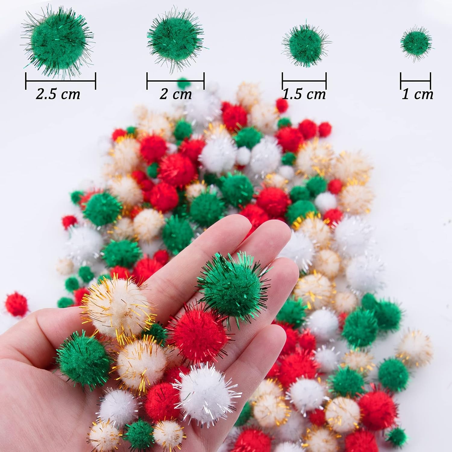 1500 Pieces Christmas Pom Pom Balls Glitter Tinsel Pom Pom for Craft Making and Christmas Decorations (4 Sizes, Gold, White, Green, Red)