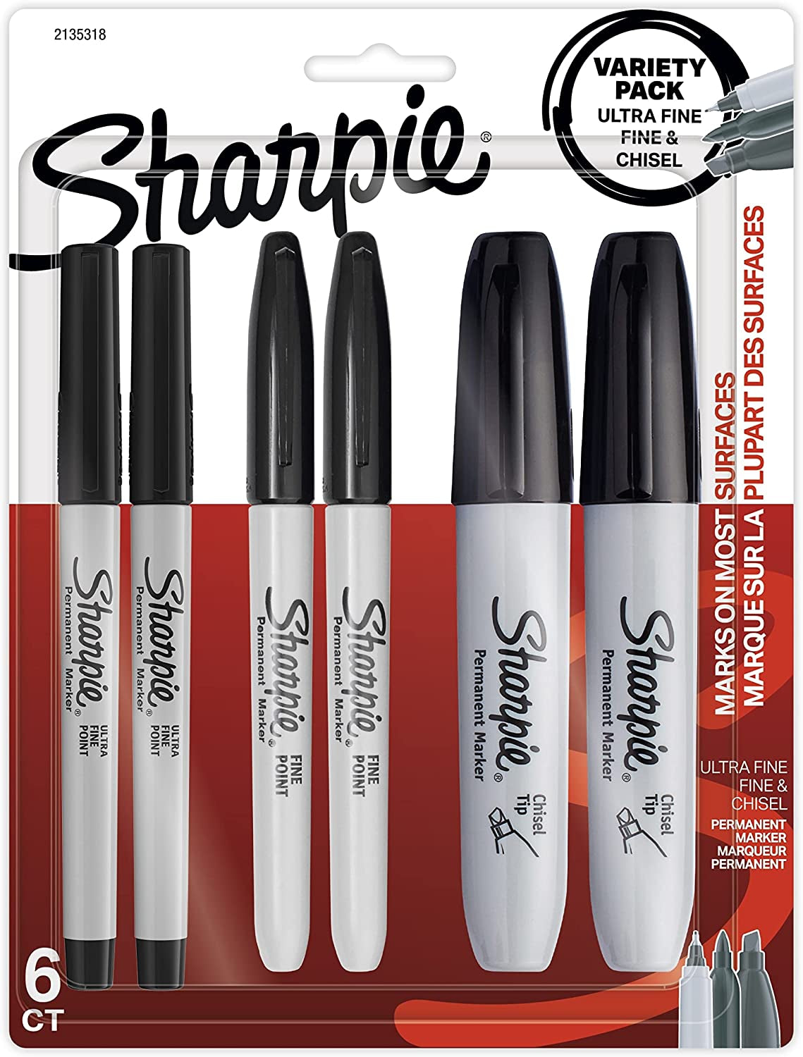 Permanent Markers Variety Pack, Featuring Fine, Ultra-Fine, and Chisel-Point Markers, Black, 6 Count