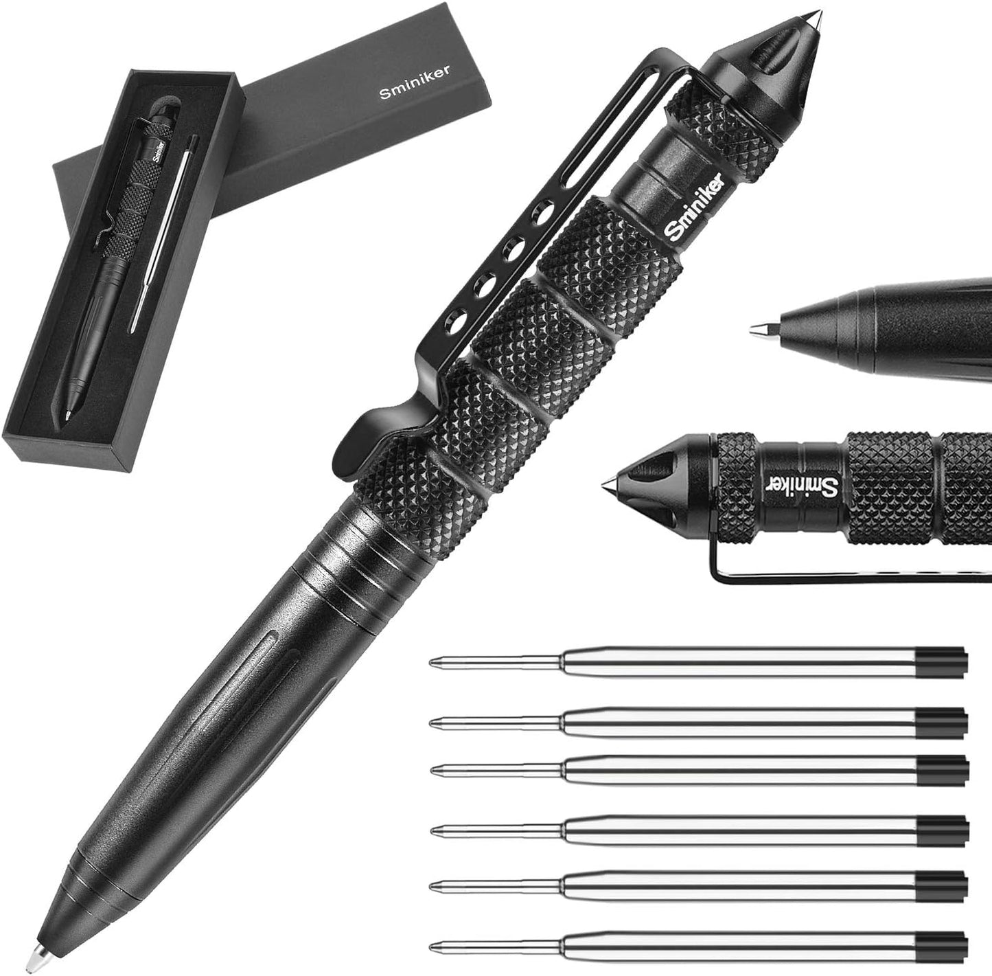 Tactical Pen with 6 Ink Refills Aircraft Aluminum Pen with Glass Breaker Writing Multifunctional Tool (Black)