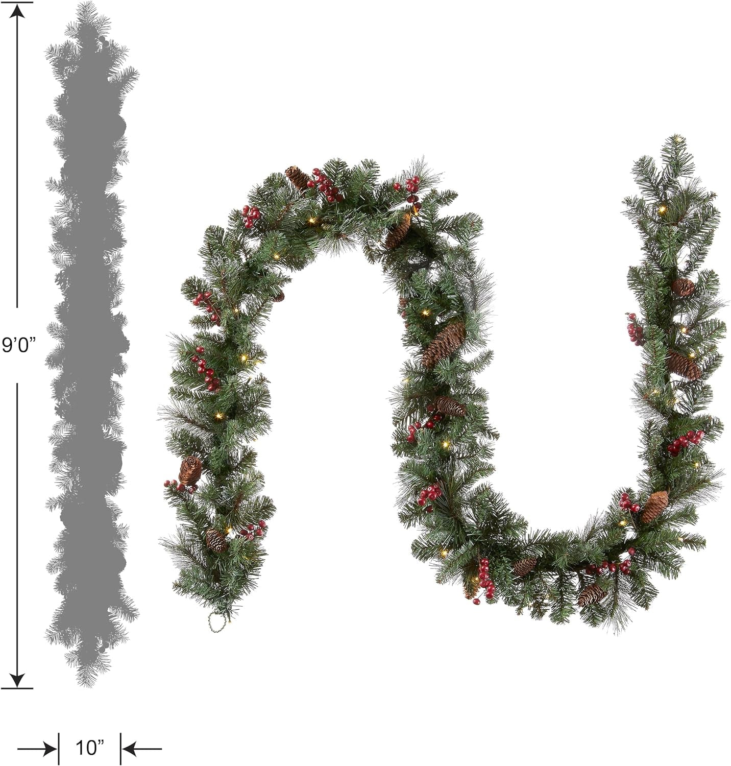 Pre-Lit Artificial Christmas Garland, Green, Crestwood Spruce, White Lights, Decorated with Pine Cones, Berry Clusters, Plug In, Christmas Collection, 9 Feet