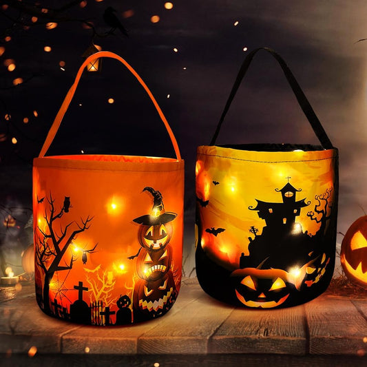 2 Pieces Halloween Candy Bucket with LED Light Trick or Treat Bags Halloween Bakset Reusable Pumpkin Candy Baskets Tote Bag for Kids Party Supplies Favors