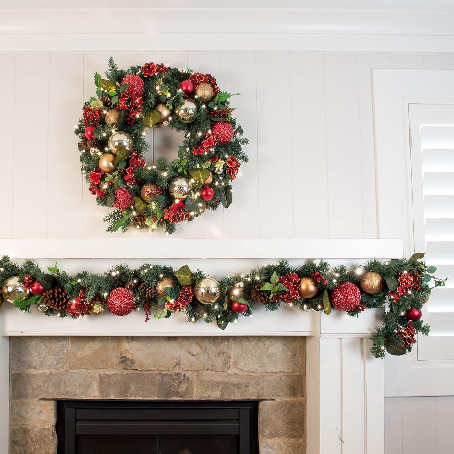 [30 Inch Artificial Christmas Wreath] - Scarlet Hydrangea Collection - Red and Gold Decoration - Pre Lit with 50 Warm Clear Colored LED Mini Lights - Includes Remote Controlled Battery Powered Timer