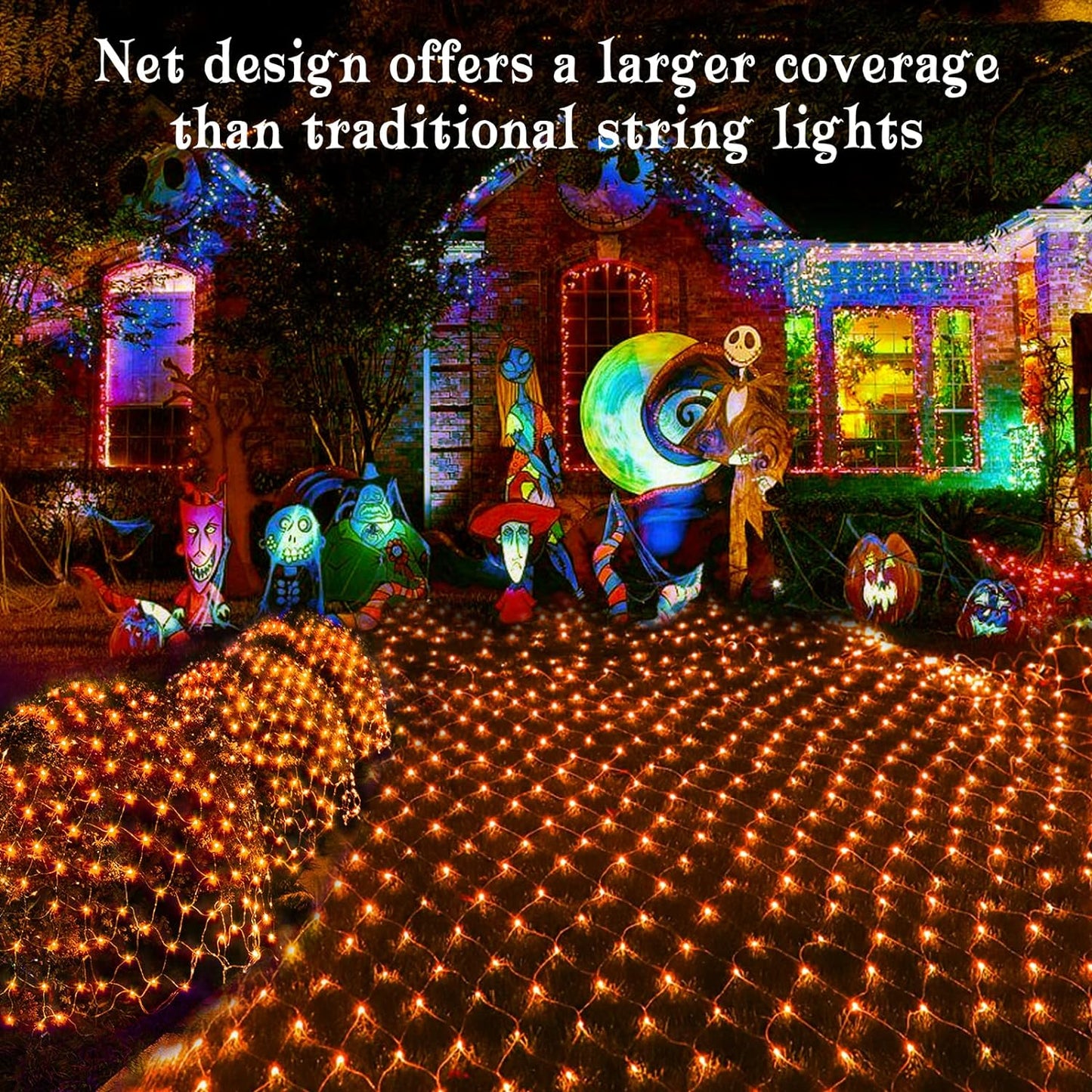 Halloween Net Lights, 200 LED 8.2Ft X 4.9Ft Orange Halloween Bush Lights with 8 Modes, Timer, Connectable, Waterproof and Green Wire Design for Trees, Bushes, Halloween Decorations Outdoor