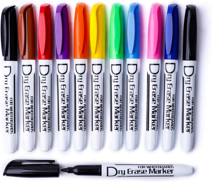 Dry Erase Markers Low Odor Fine Whiteboard Markers Thin Box of 12, 10 Colors