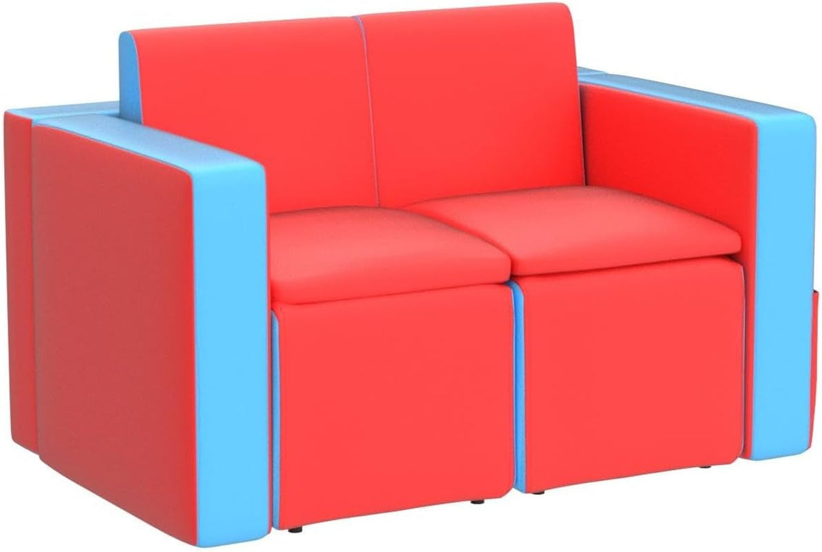 Kids Sofa, 2 in 1 Double Sofa Convert to Table and Two Chairs, Toddler Lounge with Wooden Frame and PVC Surface, Children Boys Girls Couch Armrest Chair Double Seats with Storage Space (Red)