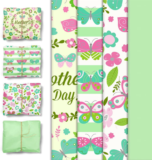 Mother'S Day Tissue Wrapping Paper, 24 Sheets Green Art Tissue Paper for Moms Birthday Gift Packing, Cute Butterfly Flower Gift Wrap Paper, 15 X 20 Inches